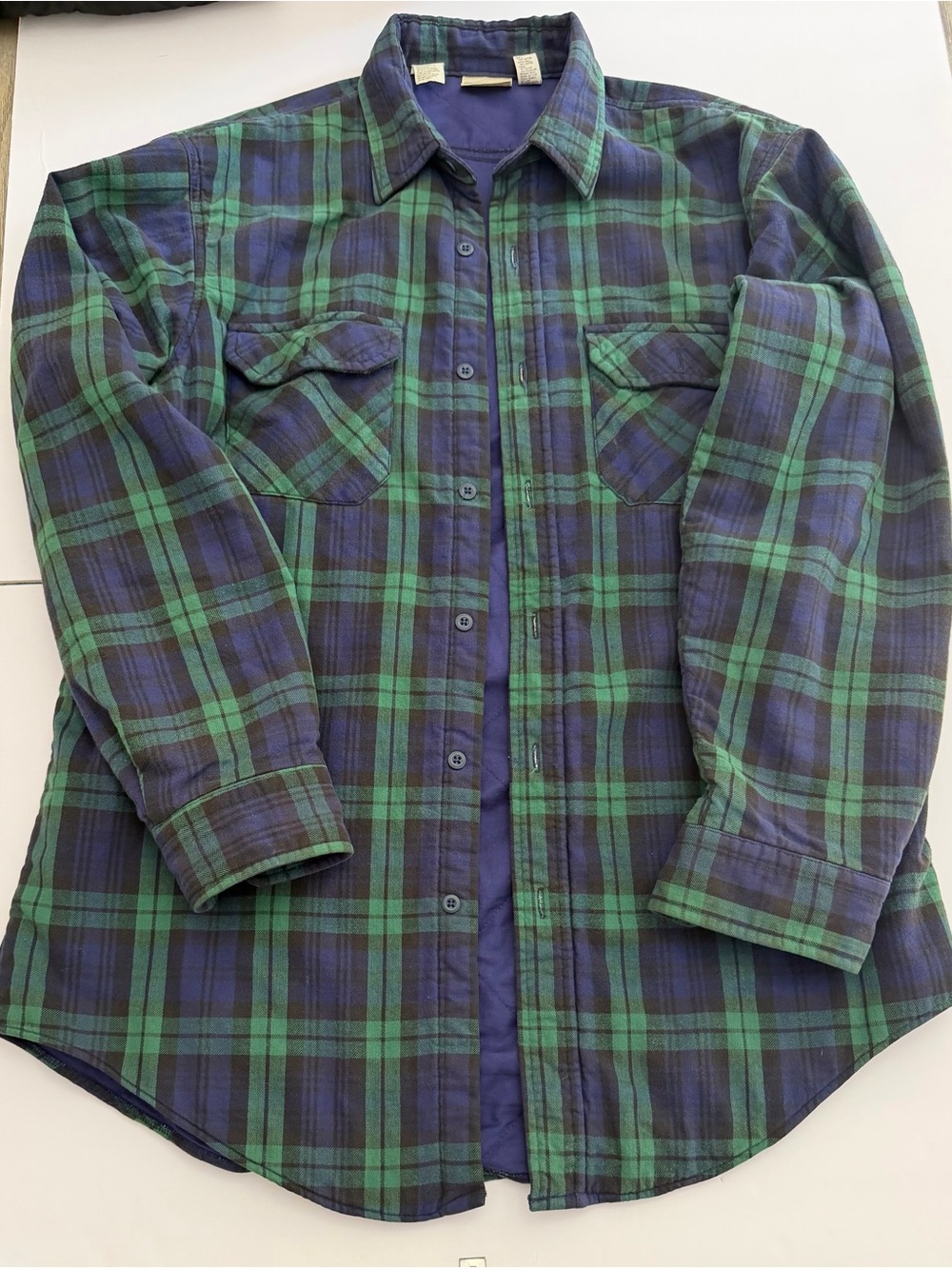 Vintage L.L. Bean Quilted Flannel Shirt Jacket Mens Tall size L Green Plaid